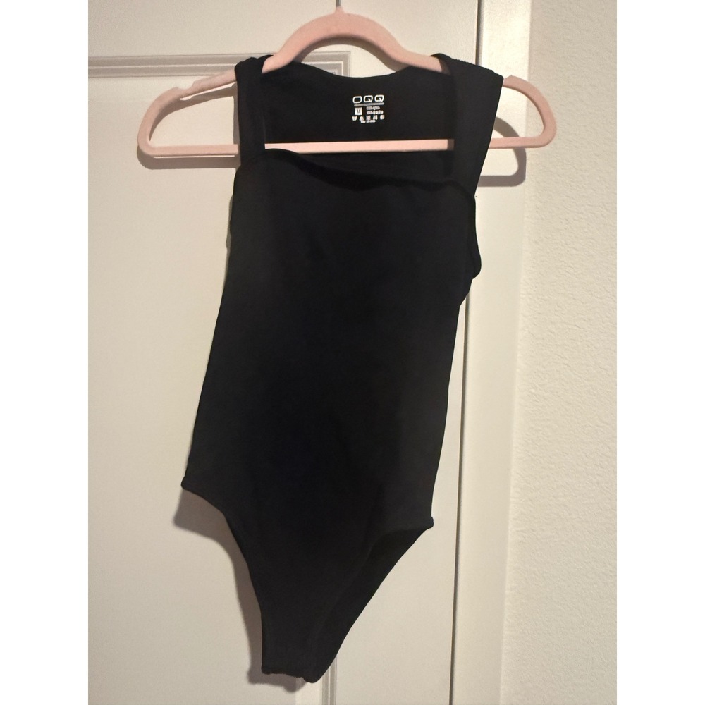 OQQ Womens Ribbed Bodysuit Set 2pc Black Square Neck Short Sleeve Medium